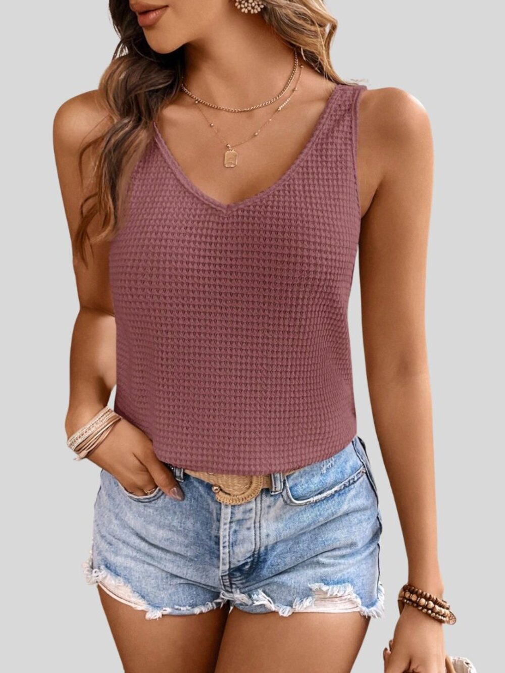 Lace Patchwork Textured Cami Dusty Rose - Picture 2 of 5